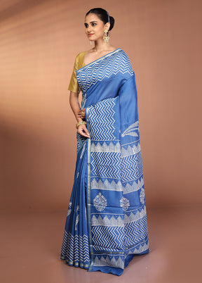 Blue Chanderi Silk Saree With Blouse Piece