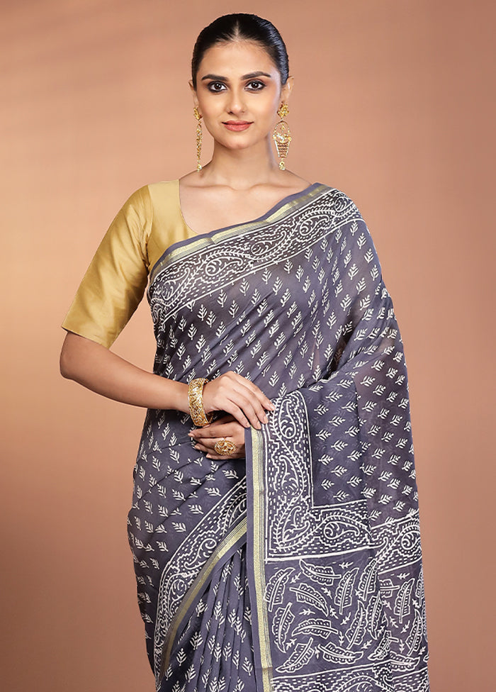 Grey Chanderi Silk Saree With Blouse Piece
