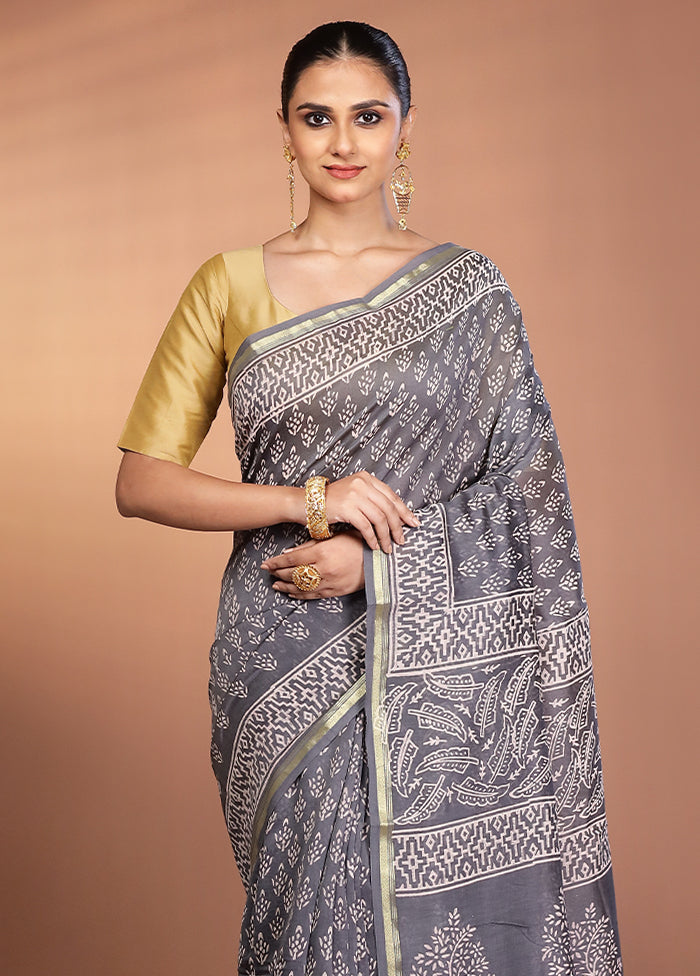 Grey Chanderi Silk Saree With Blouse Piece