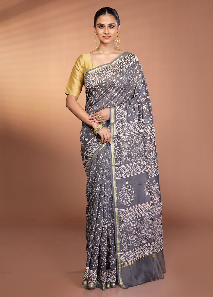 Grey Chanderi Silk Saree With Blouse Piece