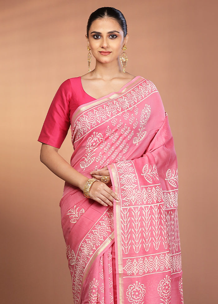 Pink Chanderi Silk Saree With Blouse Piece