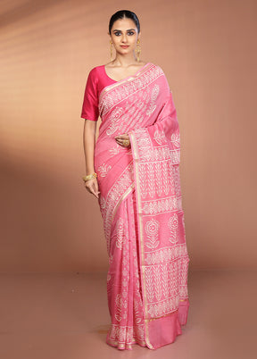 Pink Chanderi Silk Saree With Blouse Piece