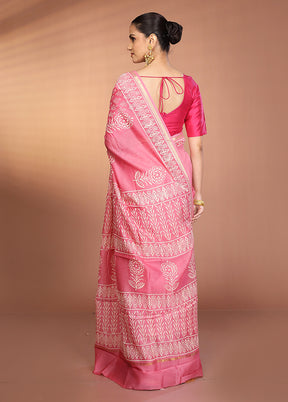 Pink Chanderi Silk Saree With Blouse Piece