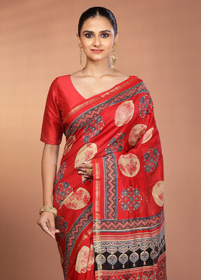 Red Chanderi Silk Saree With Blouse Piece