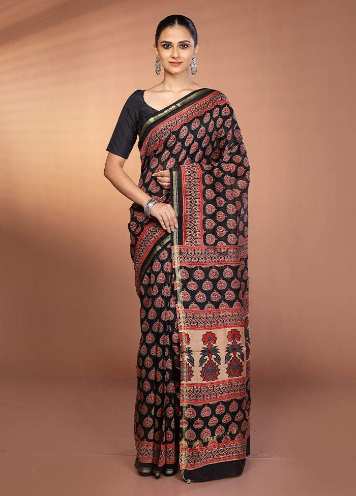 Black Chanderi Silk Saree With Blouse Piece