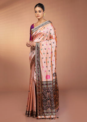 Cream Handloom Assam Pure Silk Saree With Blouse Piece
