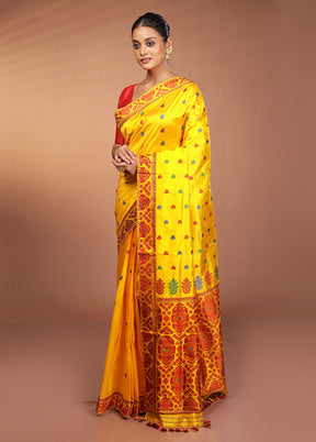 Yellow Handloom Assam Pure Silk Saree With Blouse Piece