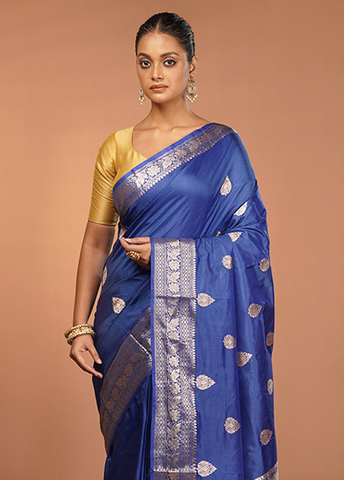 Blue Handloom Katan Pure Silk Saree With Blouse Piece