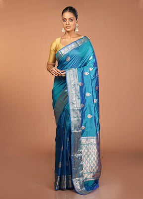 Blue Handloom Katan Pure Silk Saree With Blouse Piece