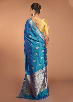 Blue Handloom Katan Pure Silk Saree With Blouse Piece