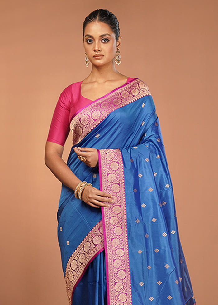 Blue Handloom Katan Pure Silk Saree With Blouse Piece