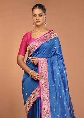 Blue Handloom Katan Pure Silk Saree With Blouse Piece