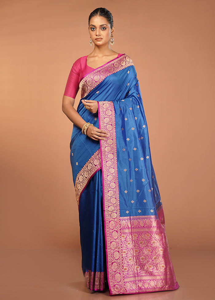 Blue Handloom Katan Pure Silk Saree With Blouse Piece