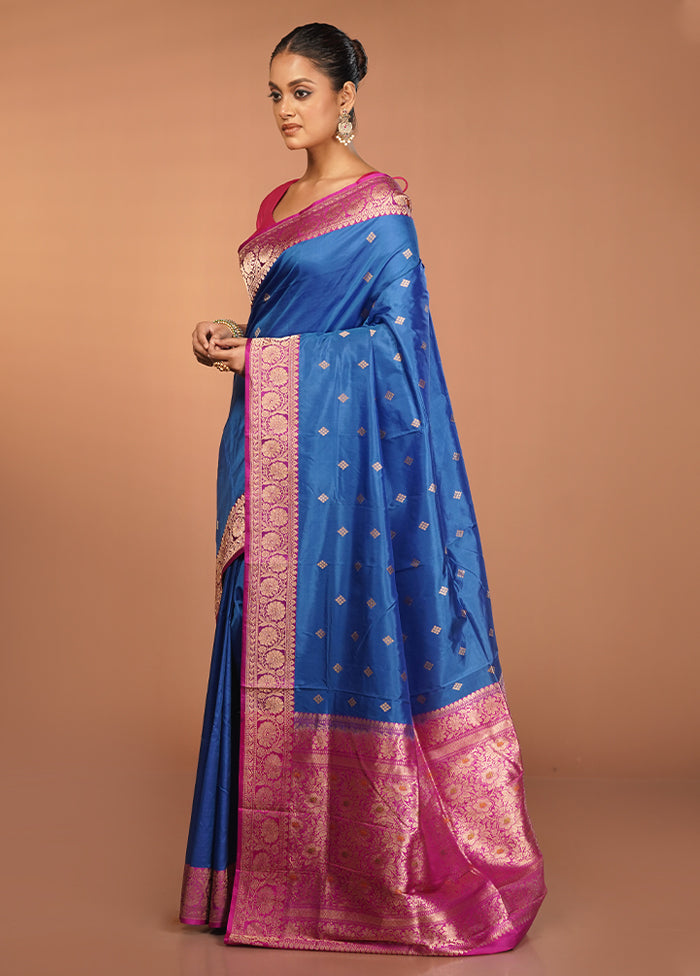 Blue Handloom Katan Pure Silk Saree With Blouse Piece
