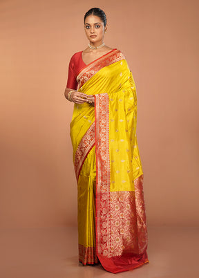 Yellow Handloom Katan Pure Silk Saree With Blouse Piece