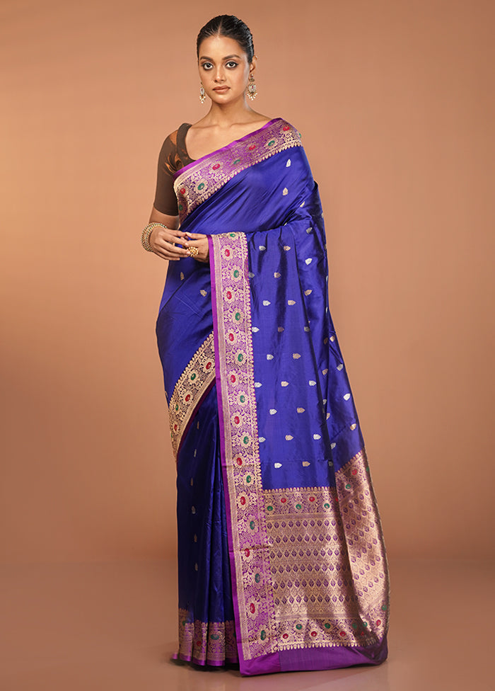 Blue Handloom Katan Pure Silk Saree With Blouse Piece