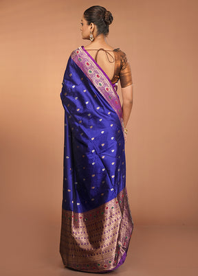 Blue Handloom Katan Pure Silk Saree With Blouse Piece