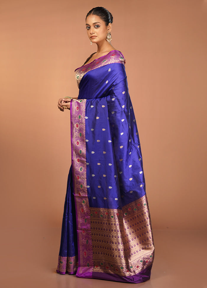 Blue Handloom Katan Pure Silk Saree With Blouse Piece