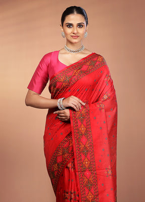 Red Dupion Silk Saree With Blouse Piece