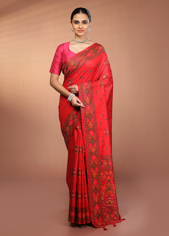 Red Dupion Silk Saree With Blouse Piece