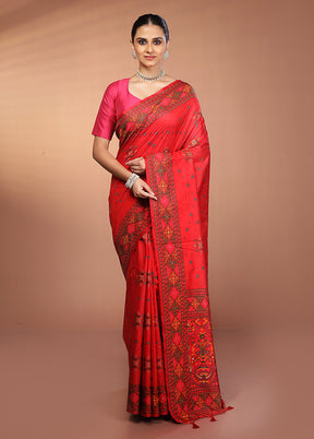 Red Dupion Silk Saree With Blouse Piece
