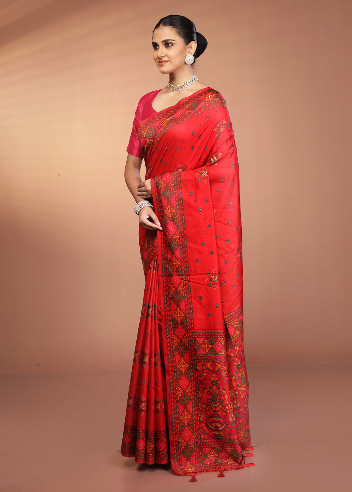 Red Dupion Silk Saree With Blouse Piece