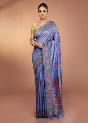 Blue Dupion Silk Saree With Blouse Piece