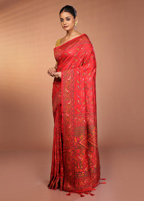 Red Dupion Silk Saree With Blouse Piece