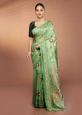 Green Dupion Silk Saree With Blouse Piece