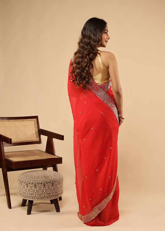 Red Chiffon Silk Saree With Blouse Piece