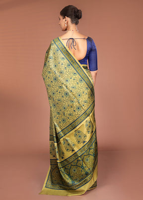 Green Handloom Printed Pure Silk Saree Without Blouse Piece