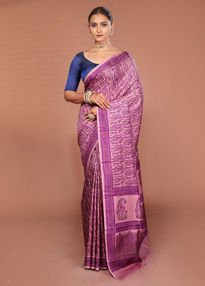 Purple Handloom Printed Pure Silk Saree Without Blouse Piece