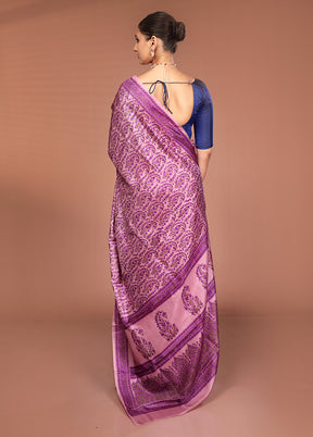 Purple Handloom Printed Pure Silk Saree Without Blouse Piece