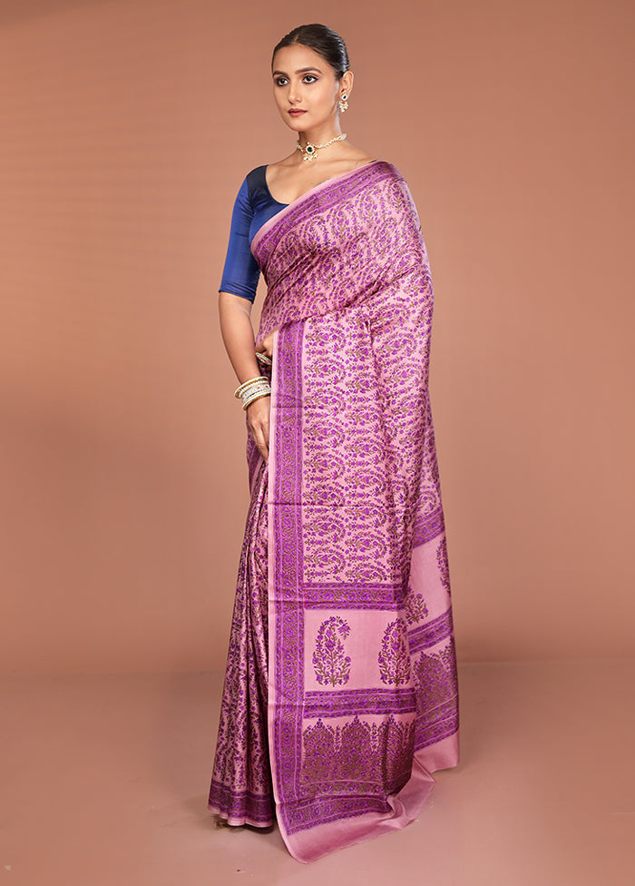 Purple Handloom Printed Pure Silk Saree Without Blouse Piece