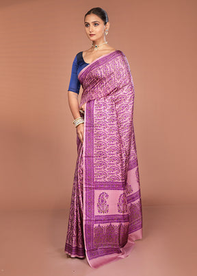 Purple Handloom Printed Pure Silk Saree Without Blouse Piece