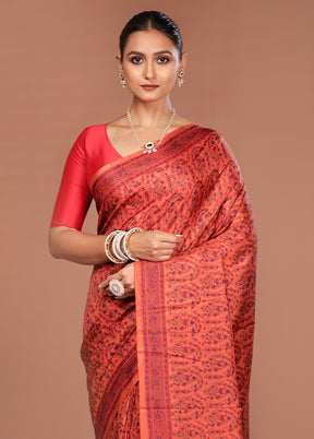 Orange Handloom Printed Pure Silk Saree Without Blouse Piece