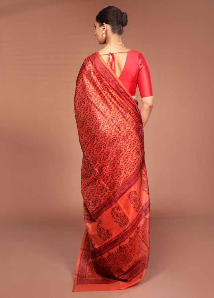 Orange Handloom Printed Pure Silk Saree Without Blouse Piece