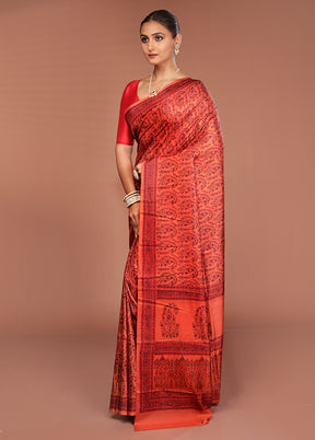 Orange Handloom Printed Pure Silk Saree Without Blouse Piece