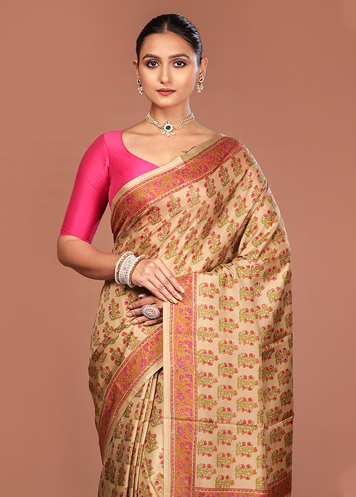 Cream Handloom Printed Pure Silk Saree Without Blouse Piece