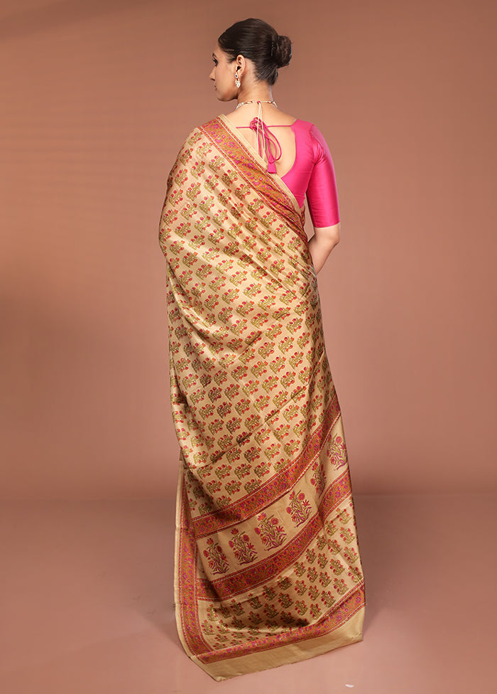 Cream Handloom Printed Pure Silk Saree Without Blouse Piece