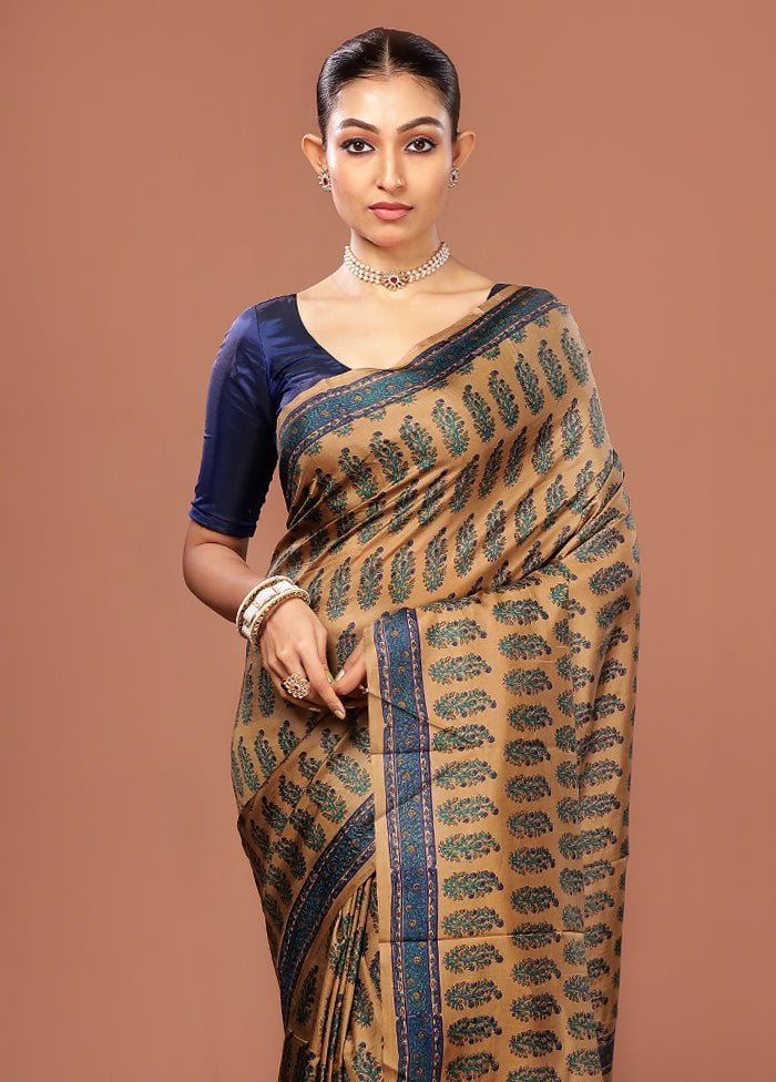 Brown Printed Pure Silk Saree Without Blouse Piece