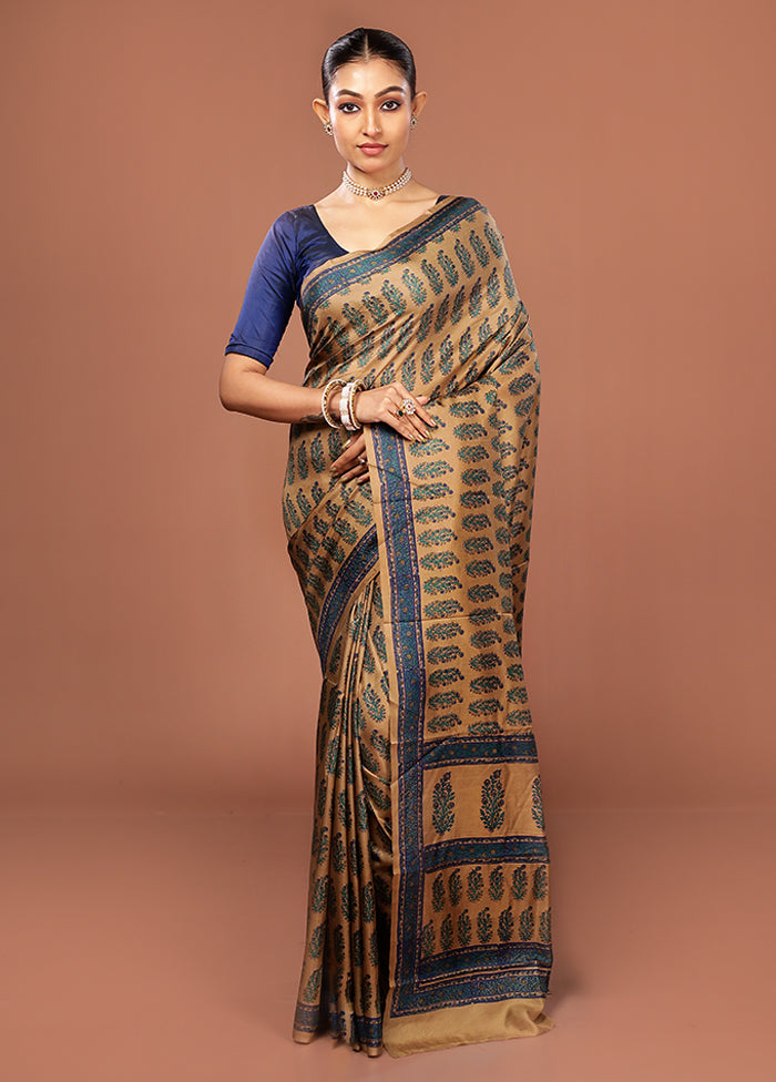 Brown Printed Pure Silk Saree Without Blouse Piece