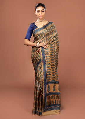 Brown Printed Pure Silk Saree Without Blouse Piece
