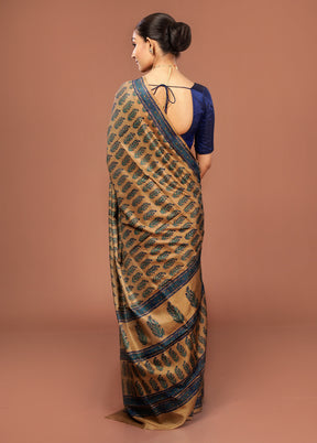 Brown Printed Pure Silk Saree Without Blouse Piece