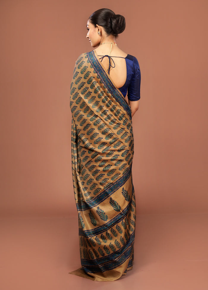 Brown Printed Pure Silk Saree Without Blouse Piece