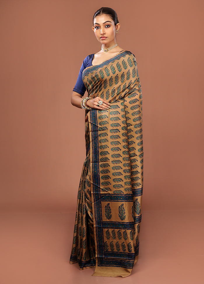 Brown Printed Pure Silk Saree Without Blouse Piece