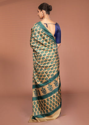 Cream Handloom Printed Pure Silk Saree Without Blouse Piece