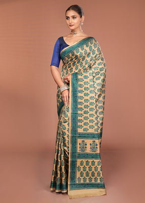 Cream Handloom Printed Pure Silk Saree Without Blouse Piece