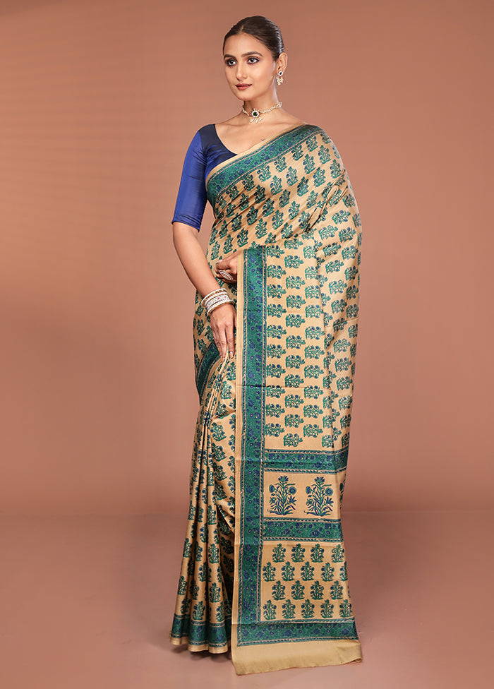 Cream Handloom Printed Pure Silk Saree Without Blouse Piece