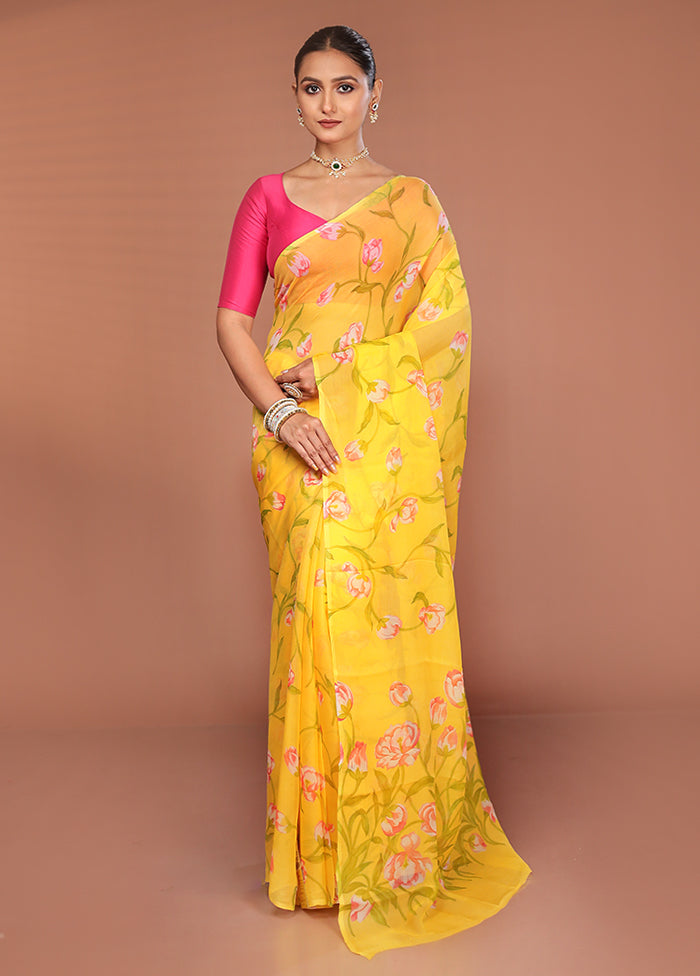 Yellow Handloom Chiffon Pure Silk Saree With Blouse Piece